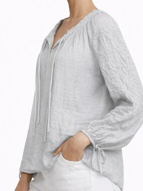 Lucky Brand Dove Gray 100% Cotton Embroidered Peasant Blouse Boho Large